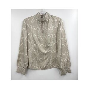 Brooks Brothers Blouse Womens 6 Beige Silk Mock Neck Long Sleeve Geometric Print